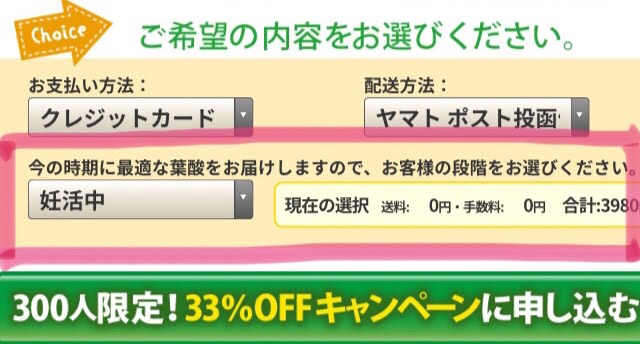 ショウガ葉酸 購入画面